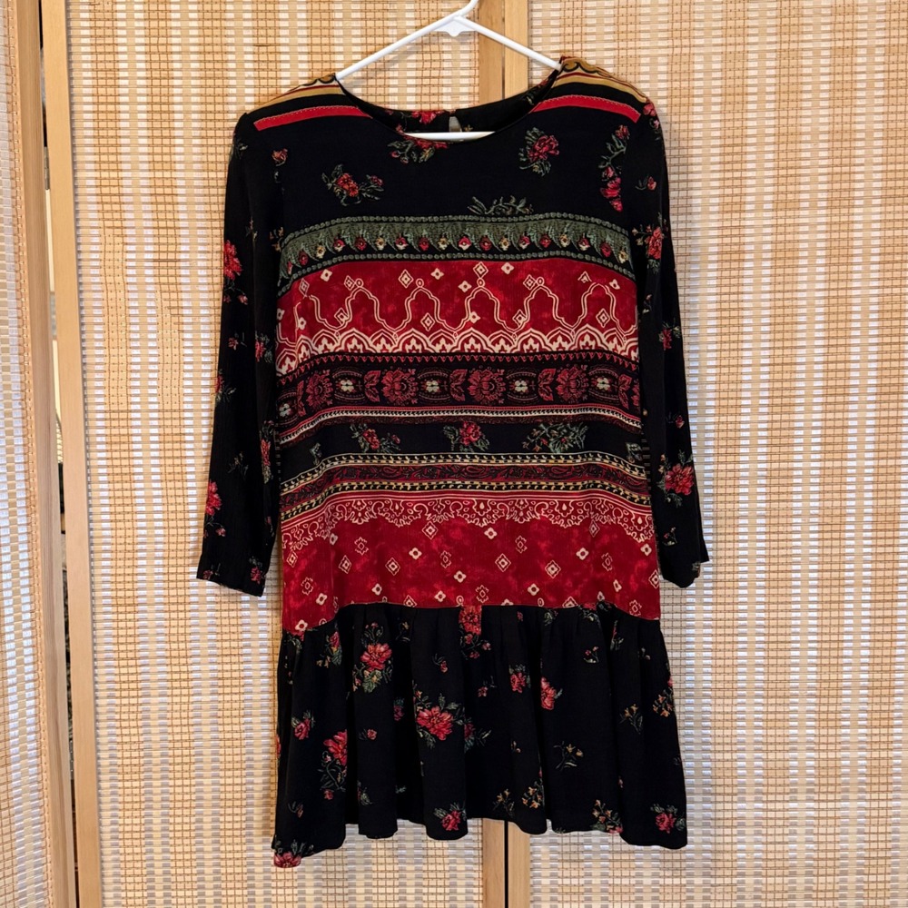 Carole Little Petite Floral Boho Border Print Rayon Shift Dress Red Black 10P